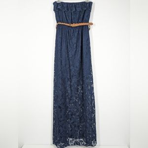 Navy blue Strapless Lace Dress with Belt, Sz Med